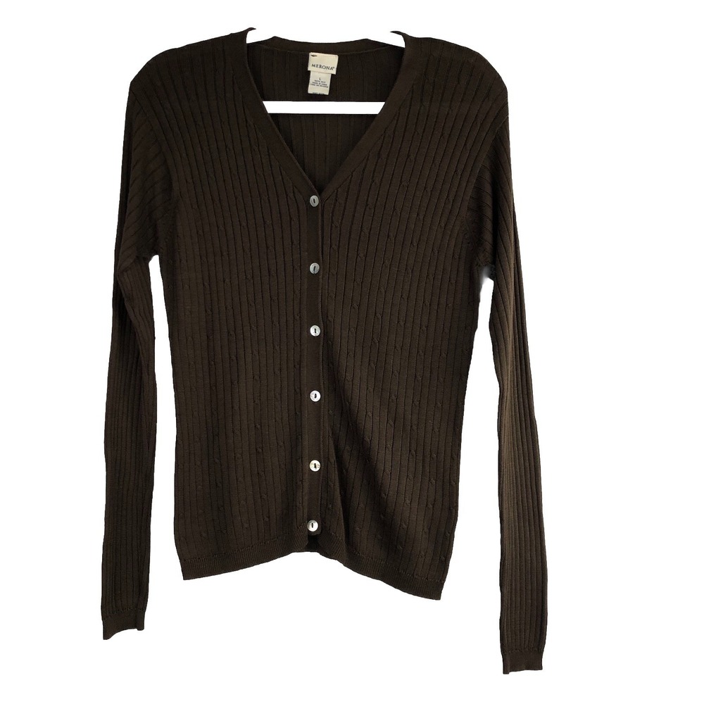 Merona Womens Cardigan Sweater Large Brown Silk V-Neck Button‎ Down Ribbed Knit